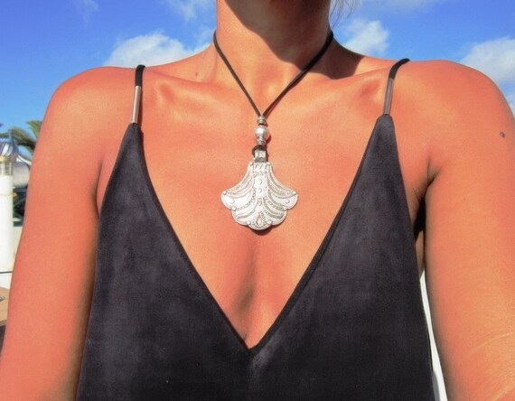 Statement Silver Chunky Pendant leather neotribal Necklace • Bohemian Jewelry Best Selling Items • Gift for Her • Neotribal Jewelry