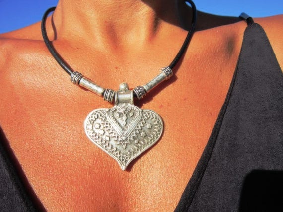 Silver Heart Pendant Necklace for couple • Bohemian Leather Beaded Jewelry
