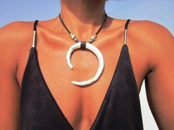 Chunky Silver Beaded Necklace with Crescent Moon Charm • Bohemian Handmade jewelry • Necklaces for Women • Personalized Jewelry Gift for Her