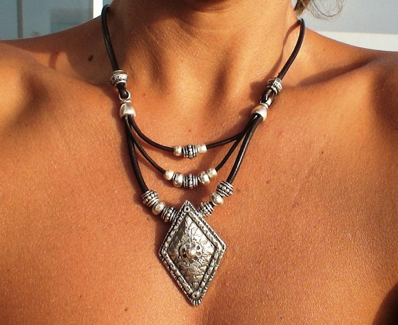 Layered Leather Necklace • Silver Plated Charm, Beaded Boho Jewelry
