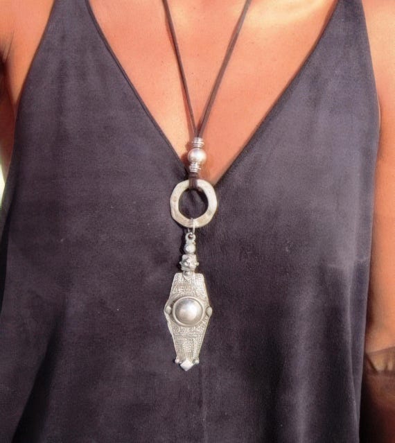 Statement Silver Chunky Pendant leather neotribal Necklace • Bohemian Jewelry Best Selling Items • Gift for Her • Neotribal Jewelry