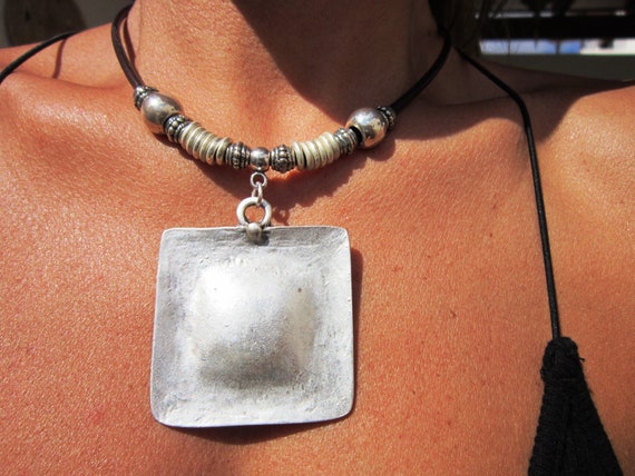 silver geometric beaded necklace, long pendant bohemian leather necklace, modern geometric necklace, kekugi handmade jewelry, boho jewelry