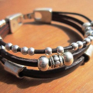 Leather & Silver Charm Beaded Bracelet • Handmade Jewelry Gift for Her • Custom Bracelet gift • Personalized jewelry gifts by kekugi