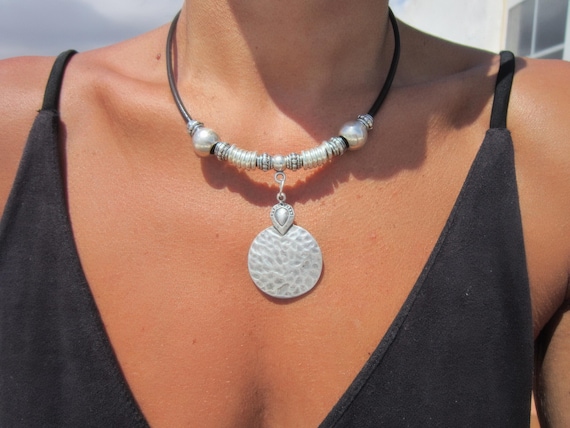 womens leather choker necklace, boho bohemian jewelry, silver unique necklaces, handmade etsy jewelry
