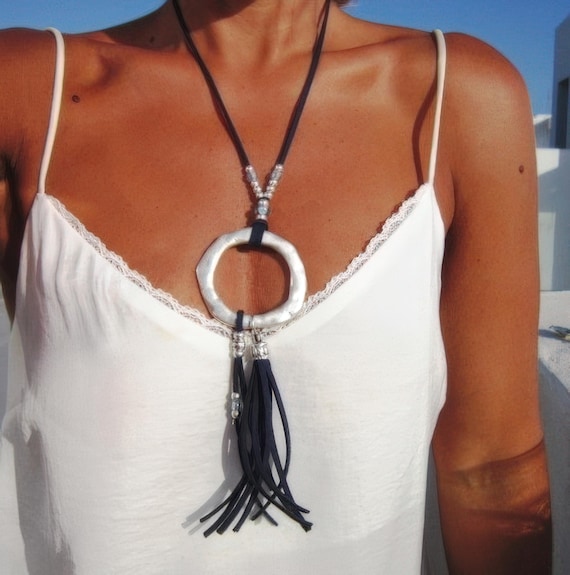 Statement Silver Chunky Pendant leather Necklace • Bohemian Jewelry Gift for Her