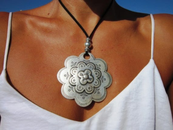 Custom Statement Silver Beaded Necklace with Daisy Pendant Charm • Personalized Jewelry Gift for Her