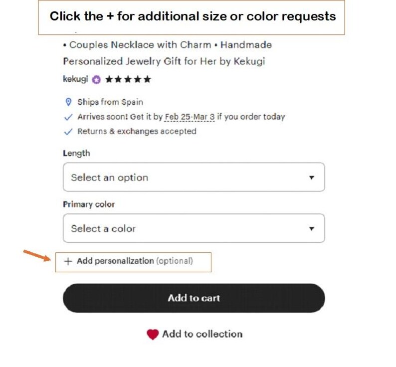 The image is a screenshot of a website's checkout page, displaying a form for adding personalization to a necklace. The form includes fields for selecting the necklace's length, primary color, and additional customization options.