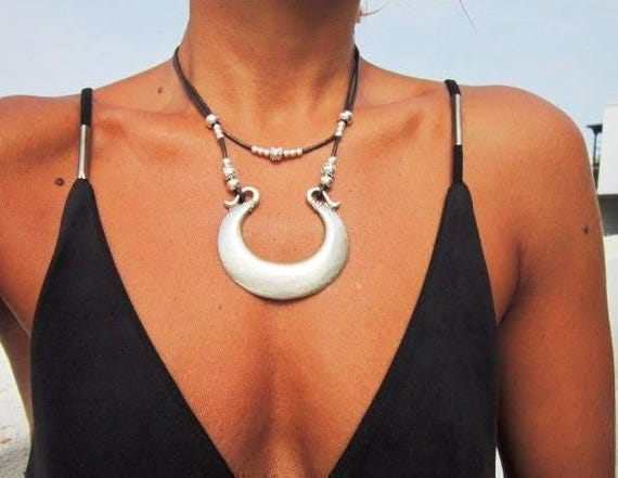 Custom Statement Silver crescent moon Necklace • Beaded Couples Necklace Pendant Charm • Custom Personalized Jewelry • Best Selling Items