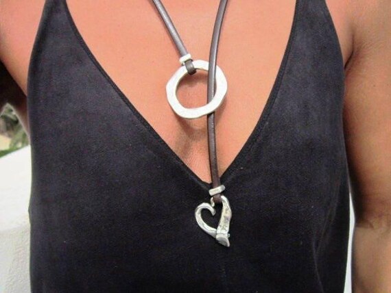 heart necklace choker, ring and heart pendant necklace, silver jewelry for women, Lariat Simple Layering Necklace