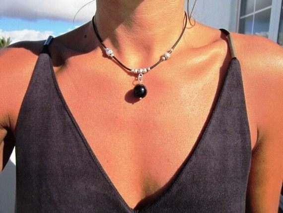 Black Onyx necklace • Charm Obsidian leather Choker Necklace • Silver Necklace • Bohemian Handmade jewelry Necklaces for Women Gift for Her