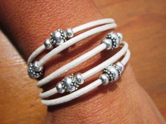 white Leather & Silver Charm Beaded Bracelet • Handmade Jewelry Gift for Her • Custom Bracelet gift • Personalized jewelry gifts by kekugi