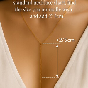a close-up of a person's neck and chest area, with instructions on how to measure the length of a Yari necklace.