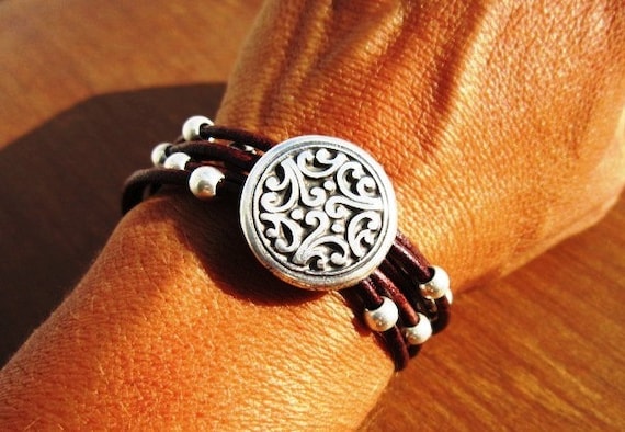 Women leather bracelet, genuine Dark brown leather bracelet, beaded bracelet, leather jewelry trend