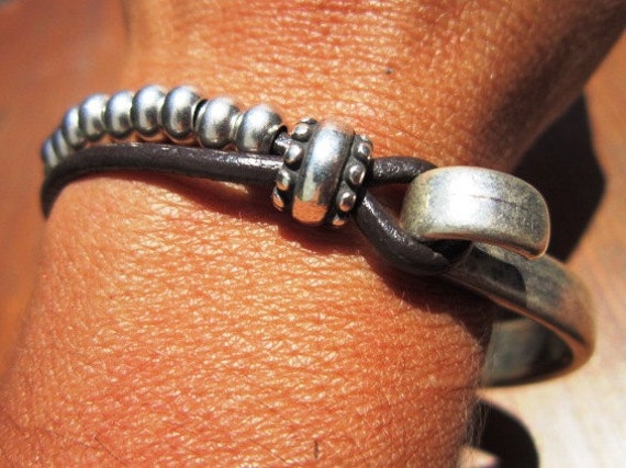 Beaded Leather Bracelet Silver Cuff Bracelet Elegant Fashion Jewelry for Women