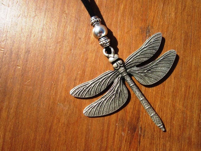 Dragonfly Necklace, Leather Necklaces for Women, Long Pendant Necklace, Silver Necklace, Leather Cord Necklace, Long Necklace