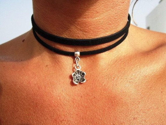 Leather Choker Necklace beaded with a daisy flower charm • Custom Personalized Jewelry gift by kekugi