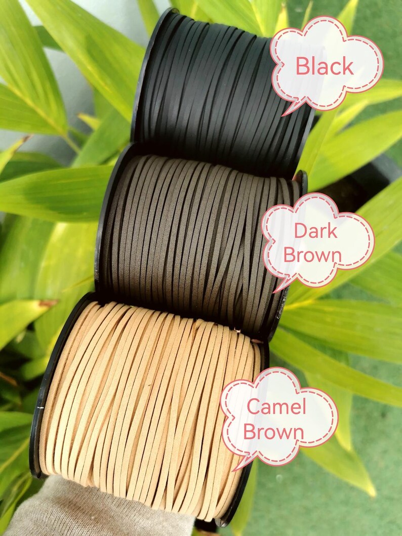 three spools of cord, each with a different color: black, dark brown, and camel brown. The spools are arranged in a row, with the black one at the top, the dark brown one in the middle, and the camel brown one at the bottom. Each spool is labeled with a speech bubble containing the name of the color, such as "Black", "Dark Brown", and "Camel Brown".