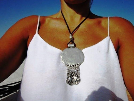 Statement Silver Chunky Pendant leather Necklace • Bohemian Jewelry Best Selling Items • Gift for Her • Neotribal Jewelry Boho Necklace