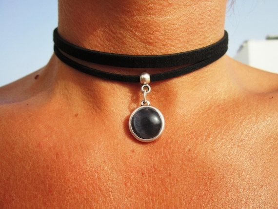 Silver Beaded Leather Choker Necklace beaded with black charm  • Handmade personalized jewelry, choose your charm