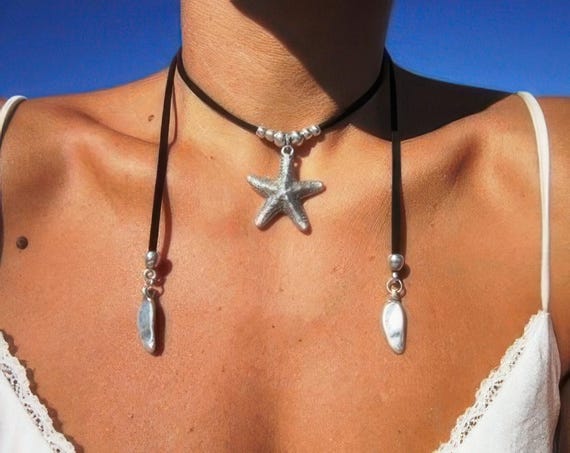 Boho Leather and Silver Beaded Pendant Star Necklace • Long Statement Chunky Charm Necklace Gift for Her • Bohemian Jewelry Galentine Gift