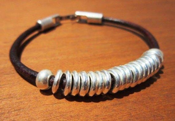 Leather & Silver Charm Beaded Bracelet • Handmade Jewelry Gift for Her • Custom Bracelet Gift • Personalized Jewelry Gifts by Kekugi