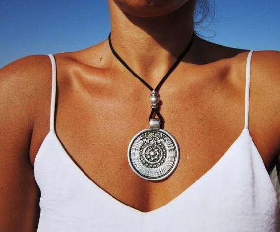 Statement Silver Chunky Pendant leather Necklace • Bohemian Neotribal Jewelry • Custom necklace Best Selling Items • Host Gift for Her