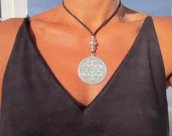 Statement Silver Chunky Pendant leather Necklace • Bohemian Jewelry Best Selling Items • Gift for Her • Neotribal Jewelry Boho Necklace