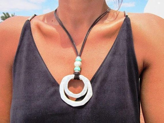 Boho Leather and Silver Beaded Pendant Ring Necklace • Long Statement Chunky Charm Necklace Gift for Her • Bohemian Jewelry Gift for Her