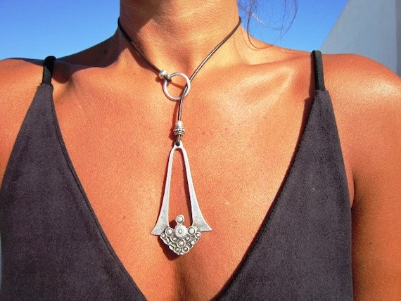 statement bohemian Y necklace choker, silver beaded necklace, womens lariat necklace