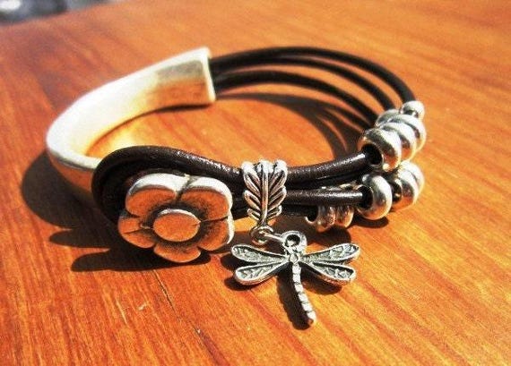 Women's leather bracelet,Women's half Bracelet,dragonfly flower brown bracelet, beaded Bracelet, custom handmade jewelry for Her