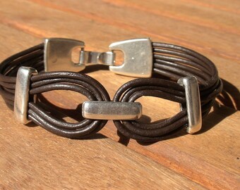 Silver and Leather mens bracelet, friendship couples bracelet, men cuff bracelet, handmade silver mens jewelry, unique gifts for men