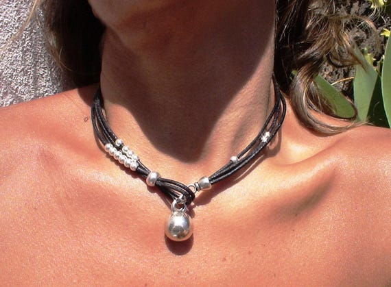 Leather Silver Beaded Necklace with Charm • Bohemian Handmade jewelry • Necklaces for Women • Personalized Jewelry Gift for Her by kekugi