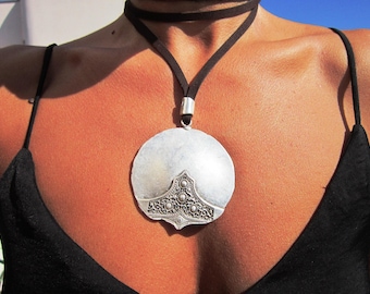 Statement Silver Chunky Pendant leather Necklace • Bohemian Neotribal Jewelry • Custom necklace Best Selling Items • Host Gift for Her
