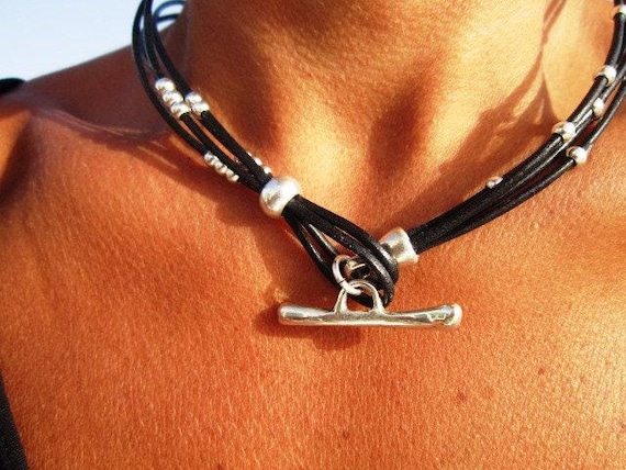 beaded choker necklace, statement leather choker, leather and silver beaded necklace, Bohemian jewelry,