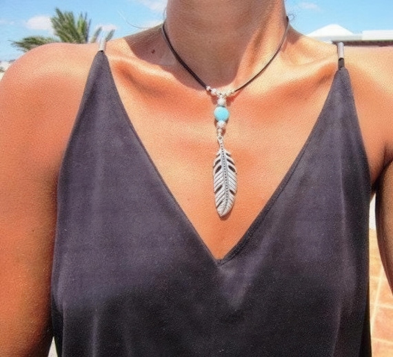 Turquoise Leather Choker Necklace • Silver Necklaces for Women • Bohemian Handmade Turquoise Jewelry Pendant • Best selling items by kekugi