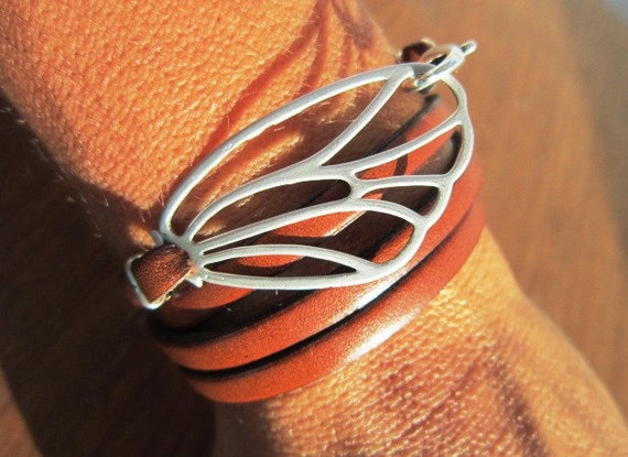 butterfly jewelry, butterfly bracelet, butterfly wings, womens jewelry, camel leather bracelet, womens bracelets, silver bracelet