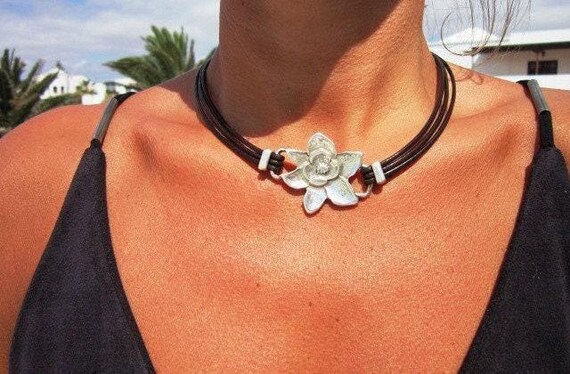 Statement Pendant Charm Orchid Necklace • Leather Silver Beaded Necklaces for Women • Handmade Personalized Jewelry Best selling items Gifts