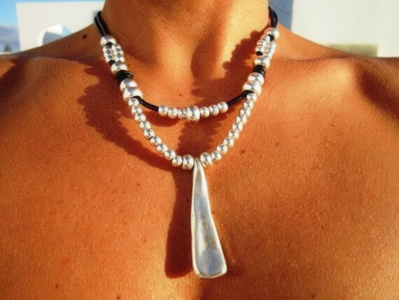 Layered Statement Silver Beaded Necklace with charm • Couples Necklace with Charm • Handmade Personalized Jewelry Gift for Her by Kekugi