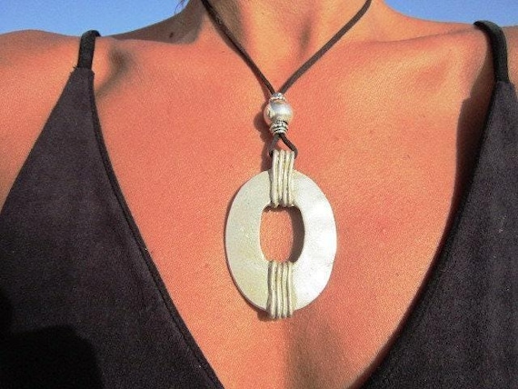 Boho Leather and Silver Beaded Pendant Ring Necklace • Long Statement Chunky Charm Necklace Gift for Her • Bohemian Jewelry Gift for Host