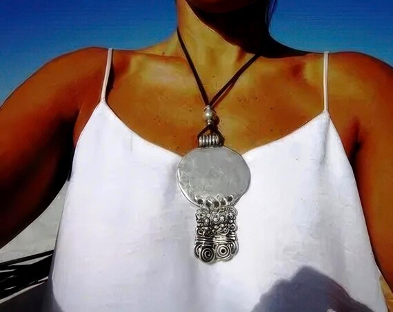 Statement Silver Chunky Pendant leather Necklace • Bohemian Jewelry Best Selling Items • Gift for Her • Neotribal Jewelry Boho Necklace