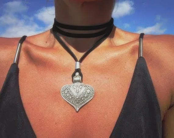 Chunky Charm Heart Necklace Silver Beaded • Personalized neotribal Jewelry • Best selling items Custom Gift for Her mom or Gift for Host