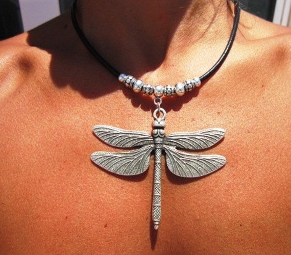 Dragonfly leather necklace, dragonfly necklace, silver dragonfly pendant, silver jewelry, fashion jewelry