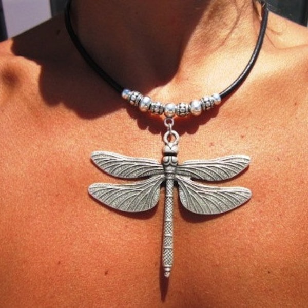 Dragonfly leather necklace, dragonfly necklace, silver dragonfly pendant, silver jewelry, fashion jewelry