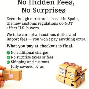 The image is a promotional poster for a store that does not charge hidden fees or surprise additional charges. It emphasizes the store's commitment to transparency and customer satisfaction, stating that the final price at checkout is the final price, and that the store takes care of all customs duties and import fees. The poster also encourages customers to shop with confidence, knowing that their order is fully protected and worry-free.