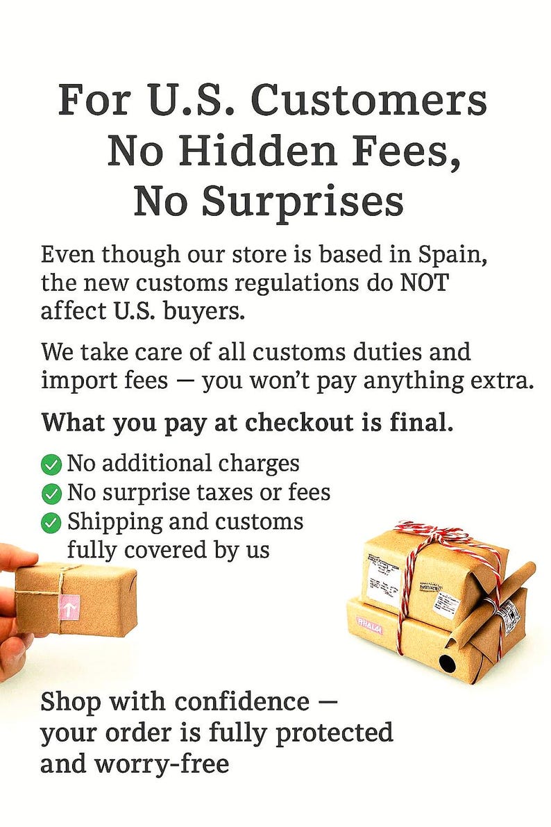 The image is a promotional poster for a store that does not charge hidden fees or surprise additional charges. It emphasizes the store's commitment to transparency and customer satisfaction, stating that the final price at checkout is the final price, and that the store takes care of all customs duties and import fees. The poster also encourages customers to shop with confidence, knowing that their order is fully protected and worry-free.
