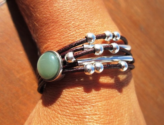 Green Stone Bracelet in Sterling Silver Cuff  Handmade Leather Jewelry for Women