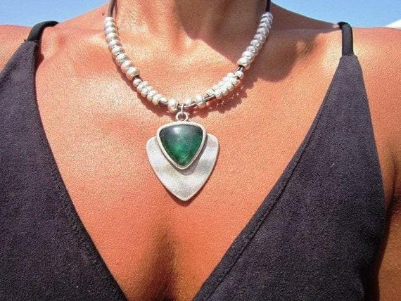 Silver Beaded Necklace featuring a emerald Crystal Charm • Bohemian Personalized Handmade Jewelry • Best selling items Custom Gift for her