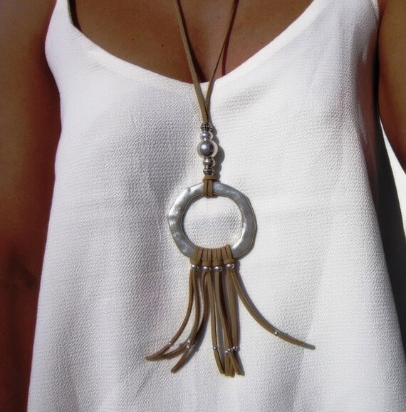 large ring leather tassel necklace, beaded tassel necklace, long tassel necklace, silver tassel necklace, boho jewelry tassel necklace