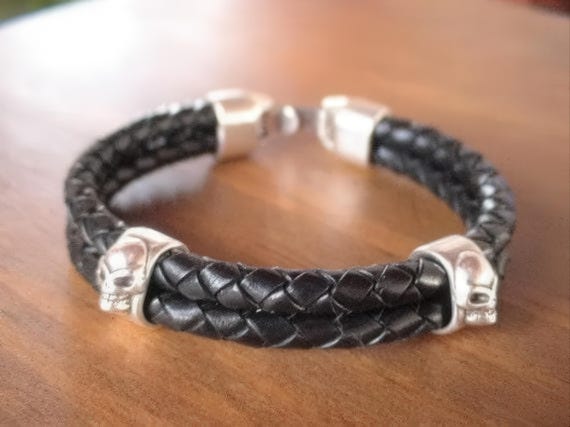 Silver & Leather Custom Bracelet Gift for Him• Personalized Handmade Jewelry Gift • Beaded Charm Bracelet Personalized Gifts