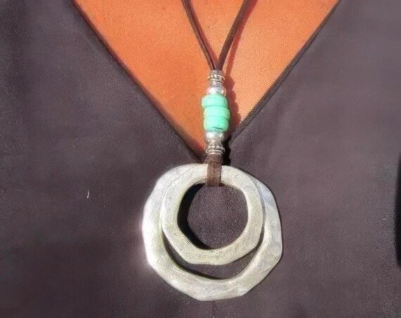 Statement Silver Chunky Pendant leather Ring Necklace • Bohemian Neotribal Jewelry • Custom necklace top sellers • Host Gift for Her
